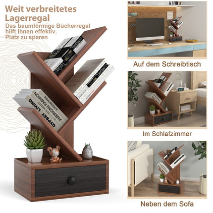5-Tier Tree Bookshelf with Drawer – Brown, Space-Saving