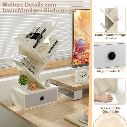 5 Tier Tree Bookshelf with Drawer Multi-Purpose CD & DVD Shelf Beige