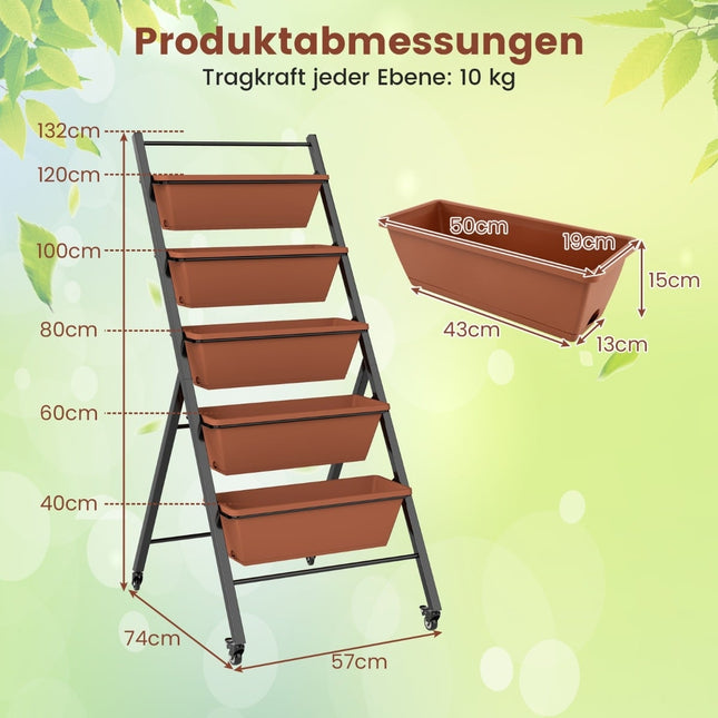 5-Tier Vertical Planter with Adjustable Boxes and Wheels
