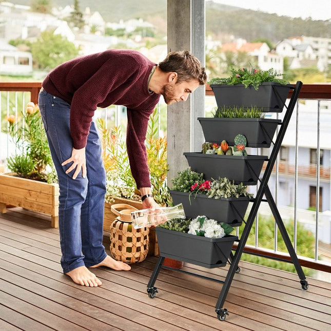 5 Tier Vertical Raised Bed with Wheels & Drainage Holes & Container Boxes Black
