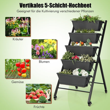 5 Tier Vertical Raised Bed with Wheels & Drainage Holes & Container Boxes Black