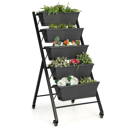 5 Tier Vertical Raised Bed with Wheels & Drainage Holes & Container Boxes Black