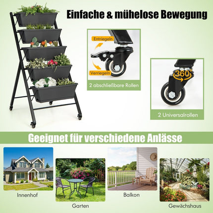 5 Tier Vertical Raised Bed with Wheels & Drainage Holes & Container Boxes Black