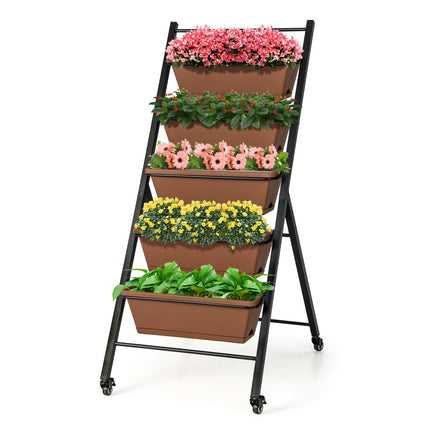 5-Tier Vertical Raised Garden Bed with Wheels, 5 Boxes, Brown