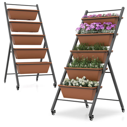 5-Tier Vertical Raised Garden Bed with Wheels, 5 Boxes, Brown