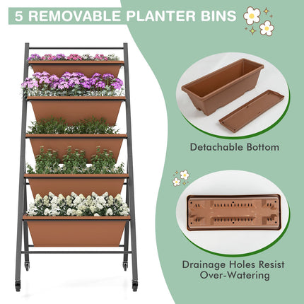 5-Tier Vertical Raised Garden Bed with Wheels, 5 Boxes, Brown