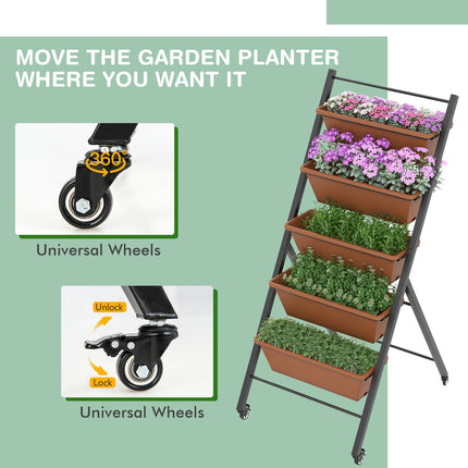 5-Tier Vertical Raised Garden Bed with Wheels, 5 Boxes, Brown