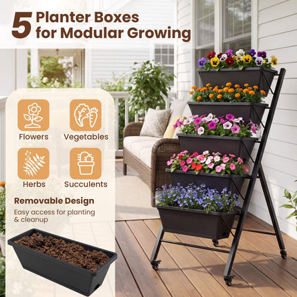 5-Tier Vertical Raised Garden Bed with Wheels, Removable Boxes
