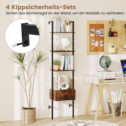 5-Tier Wall-Mounted Ladder Bookshelf with Drawer