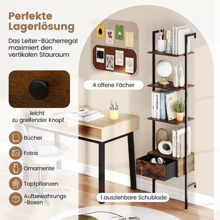 5-Tier Wall-Mounted Ladder Bookshelf with Drawer