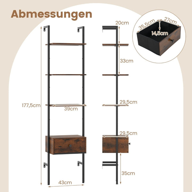 5-Tier Wall-Mounted Ladder Bookshelf with Drawer