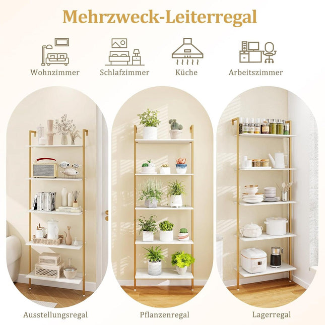 5-Tier Wall-Mounted Ladder Shelf with Metal Frame
