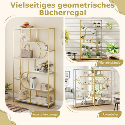 5-Tier White & Gold Bookshelf with Open Shelves