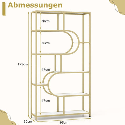 5-Tier White & Gold Bookshelf with Open Shelves