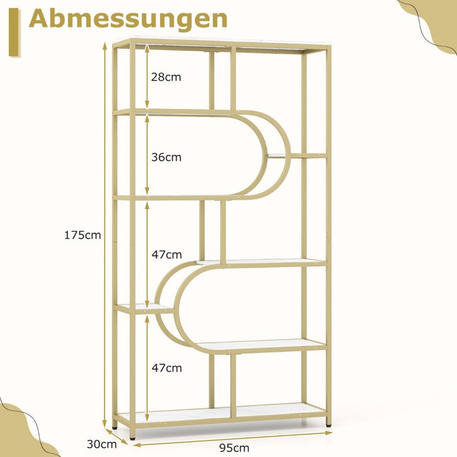 5-Tier White & Gold Bookshelf with Open Shelves