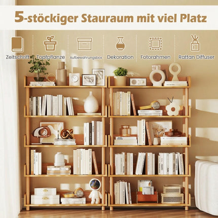 5-Tier Wooden Bookshelf with Open Shelves and Side Rails