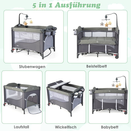 5-in-1 Baby Crib with Mattress, Changing Table, Toy Bar