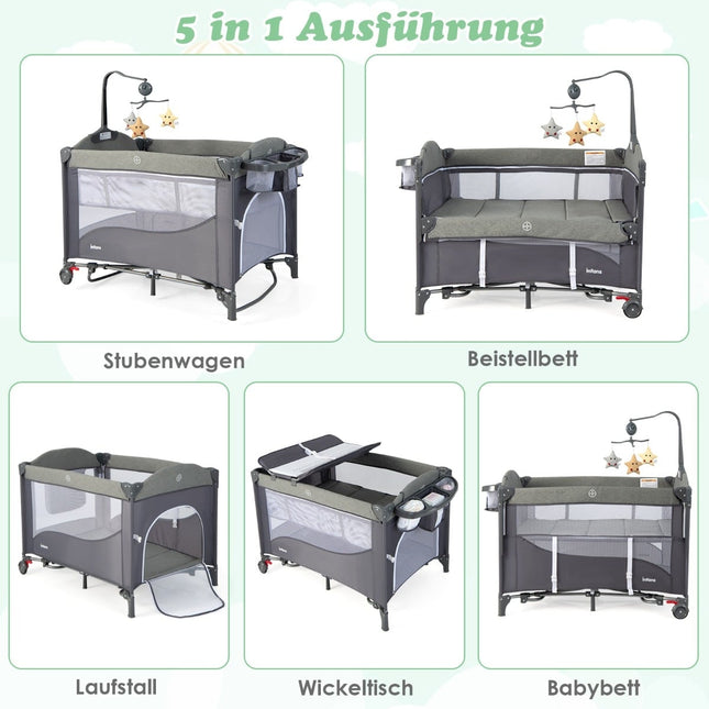 5-in-1 Baby Crib with Mattress, Changing Table, Toy Bar