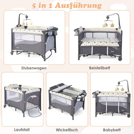 5-in-1 Baby Crib with Mattress, Changing Table, Toy Bar