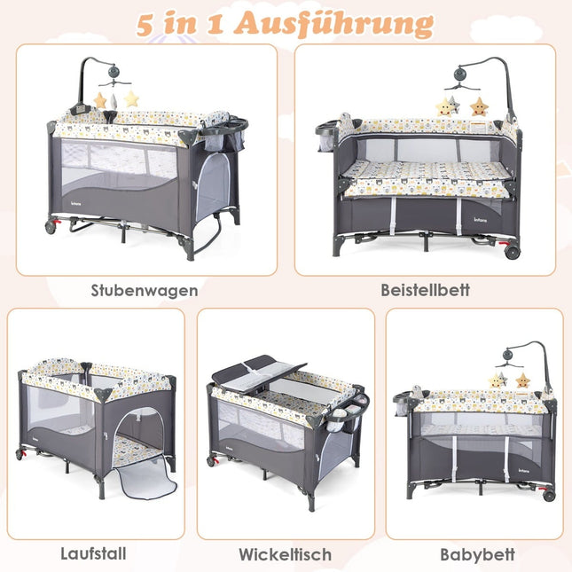 5-in-1 Baby Crib with Mattress, Changing Table, Toy Bar