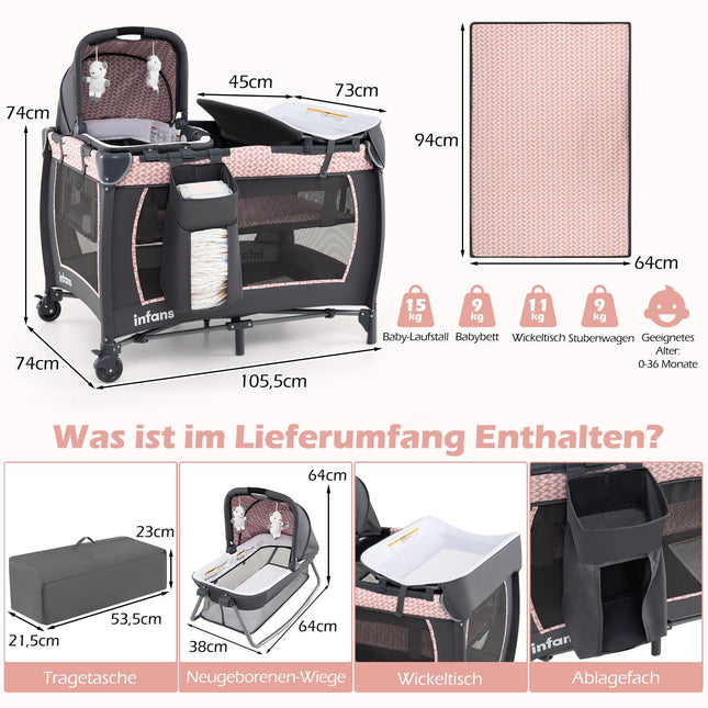 5-in-1 Baby Travel Crib with Changing Table & Bassinet