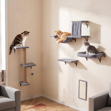 5-in-1 Cat Climbing Wall with Tree, House & Bridge - Grey
