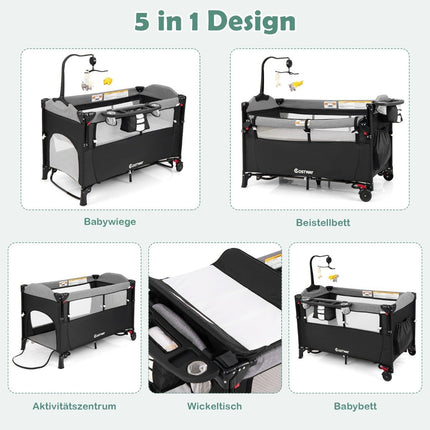 5-in-1 Convertible Baby Bed with Changing Table & Storage Bag Black