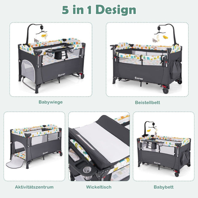 5-in-1 Convertible Baby Bed with Changing Table & Storage Bag Gray