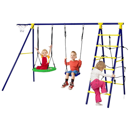 5-in-1 Kids Swing Set with Basketball Hoop, Climbing Net & Ladder, Blue