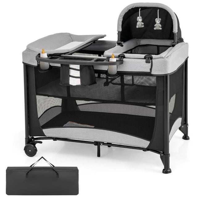 5 in 1 Portable Baby Bed with Travel Cot & Cradle & Playpen & Changing Table Black + Gray
