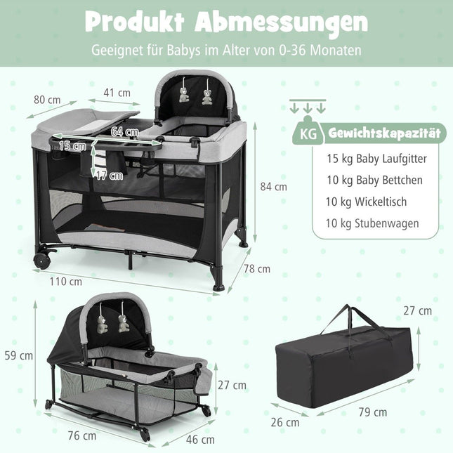 5 in 1 Portable Baby Bed with Travel Cot & Cradle & Playpen & Changing Table Black + Gray