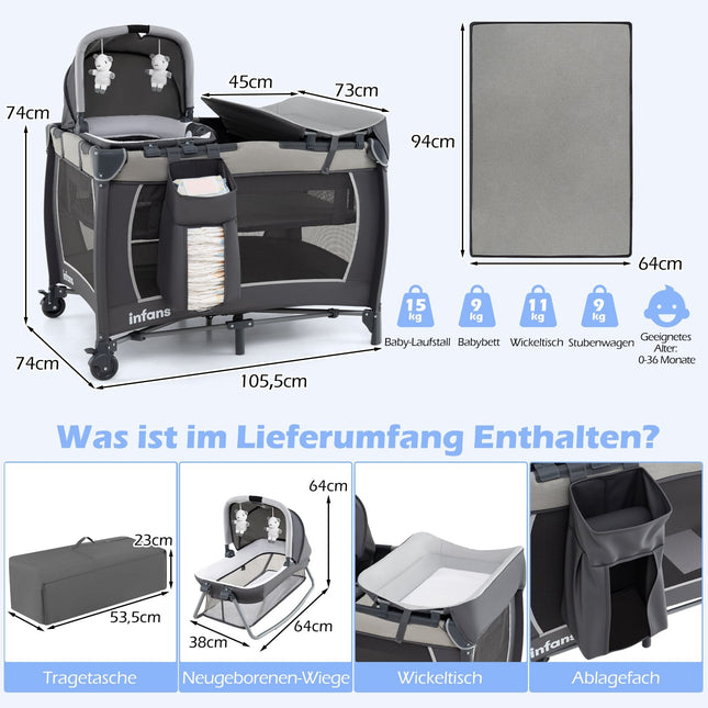 5-in-1 Portable Baby Crib with Changing Table & Bassinet