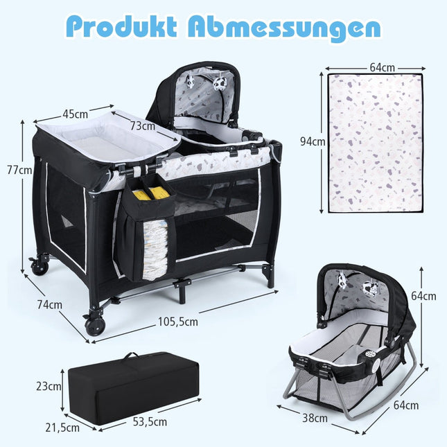 5-in-1 Portable Baby Crib with Changing Table & Toys