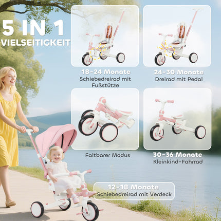 5-in-1 Toddler Tricycle, Adjustable, Pink, Ages 1-3