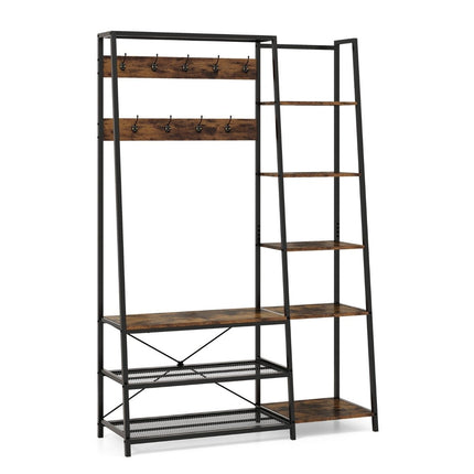 5 in 1 coat stand with shoe bench & 9 hooks & 5 side shelves & 2 wire shelves