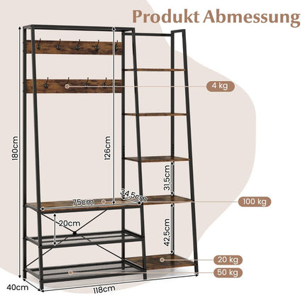 5 in 1 coat stand with shoe bench & 9 hooks & 5 side shelves & 2 wire shelves
