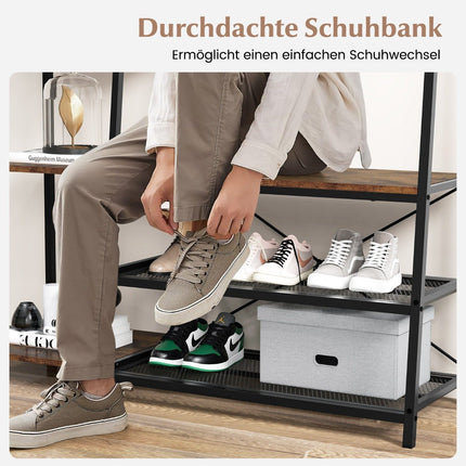 5 in 1 coat stand with shoe bench & 9 hooks & 5 side shelves & 2 wire shelves