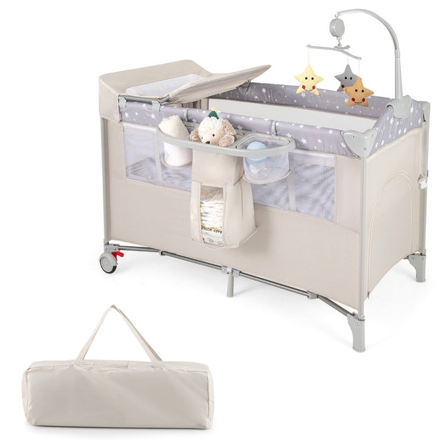 5 in 1 folding side bed travel cot with mattress 2 level baby bed with wheels beige