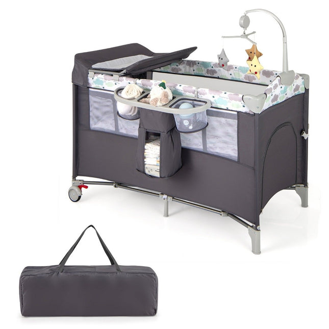 5 in 1 folding side bed travel cot with mattress 2 level baby bed with wheels grey