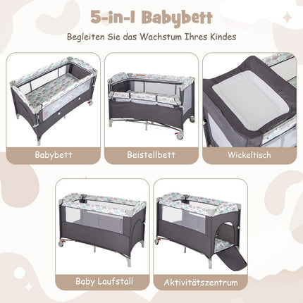 5 in 1 folding side bed travel cot with mattress 2 level baby bed with wheels grey