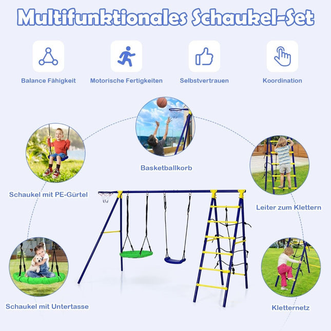 5-in-1 Kids Swing Set with Basketball Hoop, Climbing Net & Ladder, Blue