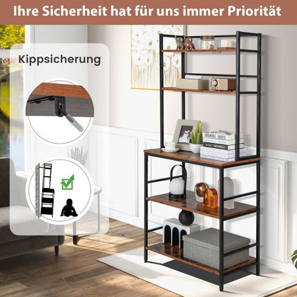 5-tier kitchen shelf with attachment & open shelves, anti-tip device, free-standing kitchen storage rack, rustic brown