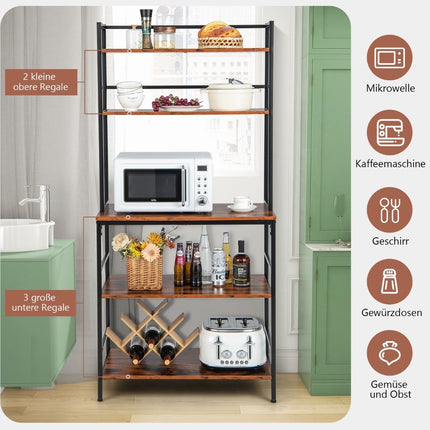 5-tier kitchen shelf with attachment & open shelves, anti-tip device, free-standing kitchen storage rack, rustic brown