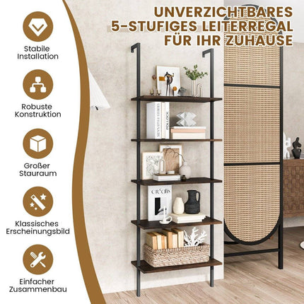 5-tier ladder shelf wall shelf with steel frame 60 x 30 x 180 cm rustic brown