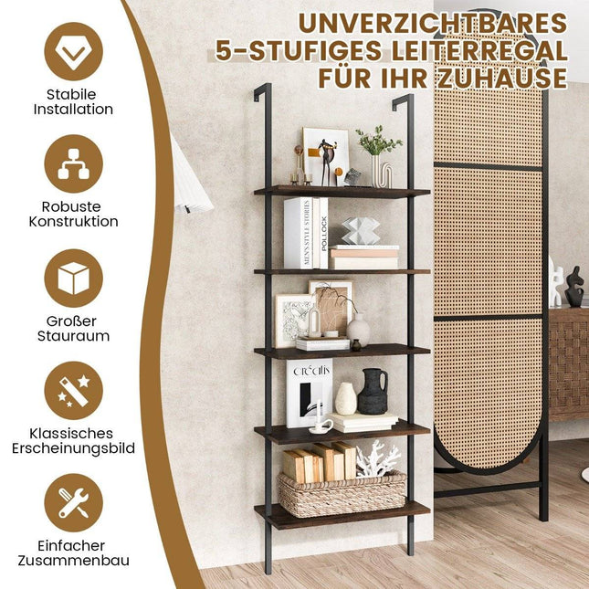 5-tier ladder shelf wall shelf with steel frame 60 x 30 x 180 cm rustic brown