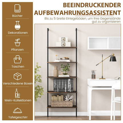 5-tier ladder shelf wall shelf with steel frame 60 x 30 x 180 cm rustic brown