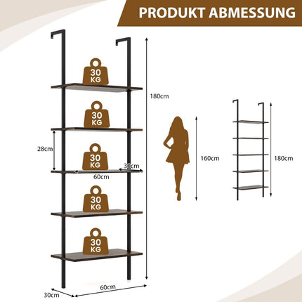 5-tier ladder shelf wall shelf with steel frame 60 x 30 x 180 cm rustic brown