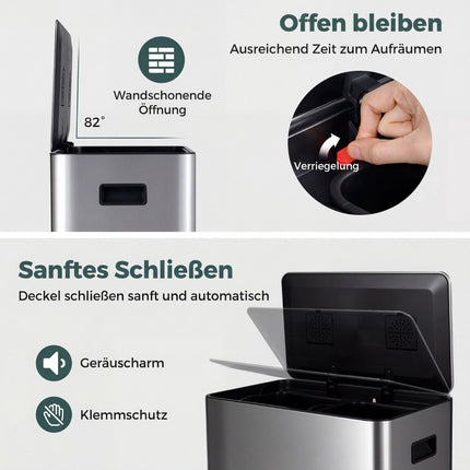 60L Stainless Steel Pedal Bin with Soft-Close Lid & Dual Compartments