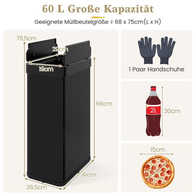 60L Touchless Sensor Trash Can, Stainless Steel, Black