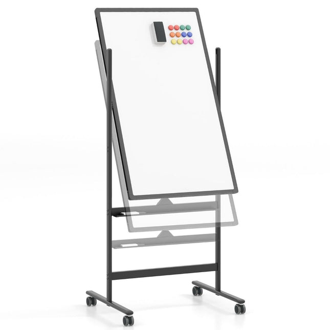 60 x 100 cm Double-Sided Magnetic Whiteboard with Wheels & Stand & Pen Tray Black